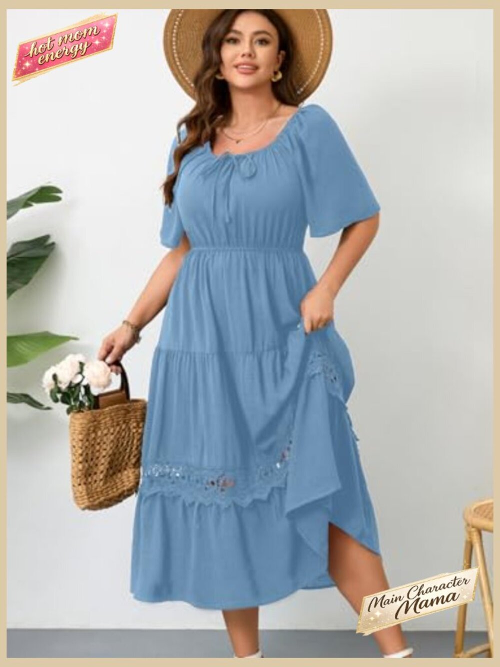 Plus Size Maxi Dress Short Sleeve Square Neck Flowy A-Line Lace Trim Flutter - Picture 6 of 7